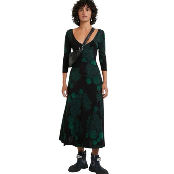 Desigual Size L Yess Midi Dress Floral Black Green Stretch - Picture 1 of 8